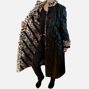 Vintage Maxi Leather Trench Leopard Print Mink Dyed Genuine Fur Coat Reversible